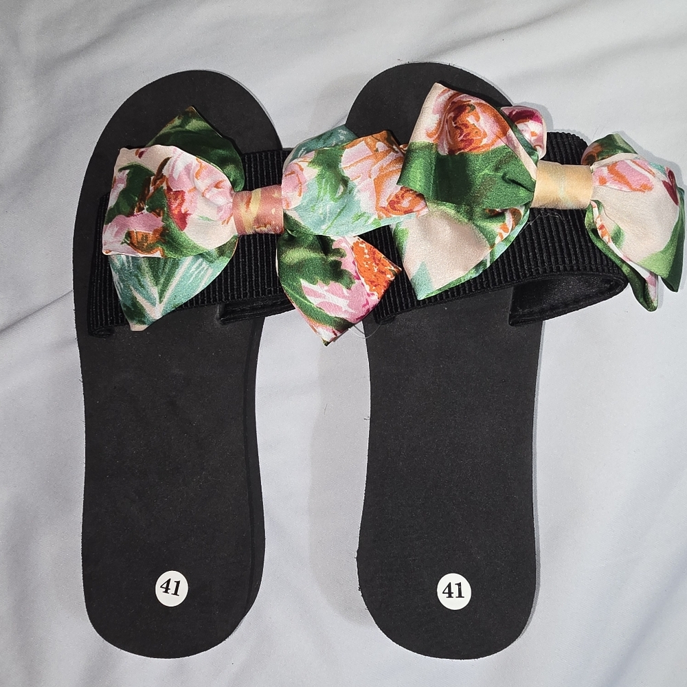 Shein Women's Black Sandals W Floral Printed Bow Size Euro 41